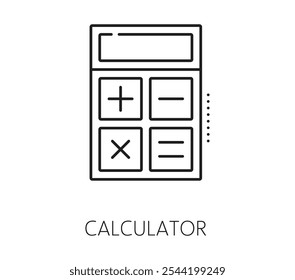 Data analytics and analysis icon of calculator for web statistics or website informatics, line vector. Data analytics calculator icon for digital programming and internet data insights of app software