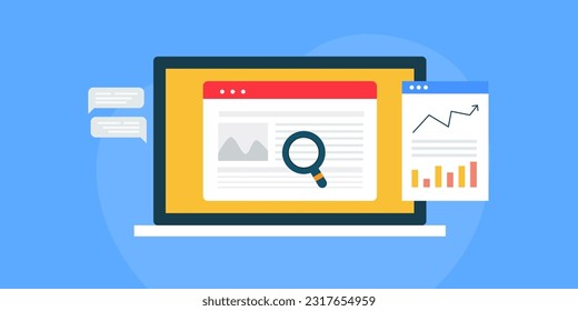 Data analytics application. Data research and analysis on laptop screen. Generating business, financial, marketing report online - vector illustration background with icons