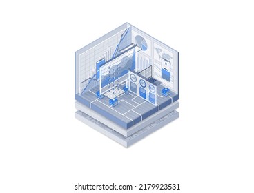 Data analytics and artificial intelligence concept. Isometric vector illustration of data dashboards. Blue and white web banner. 