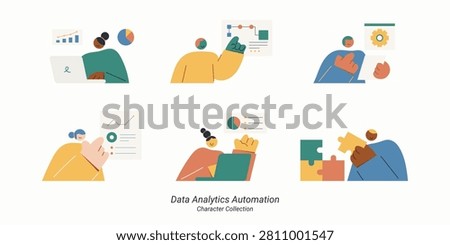 Data Analytics Automation. Flat vector character collection showing people analyzing charts, automation flow and connecting puzzle pieces.