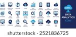 Data Analytics best solid icon set collection. Big data analysis, Containing database, statistics, analytics, server and monitoring icons. Vector illustration.