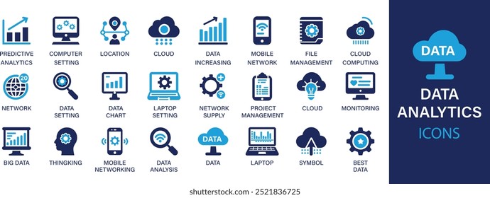 La mejor colección de conjunto de iconos sólidos de Data Analytics. Análisis de Big data, conteniendo base de datos, estadísticas, análisis, servidor e iconos de monitoreo. Ilustración vectorial.