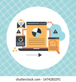 data analytics, Big data analysis, data science, market research, application flat vector banner illustration with icons