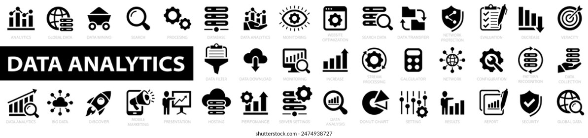 Conjunto de iconos grandes de análisis de datos. Procesamiento de datos. Estadística, analítica y colección tecnológica. Base de datos, estadísticas, análisis, servidor, supervisión, informática, red, búsqueda, detección y mucho más. 