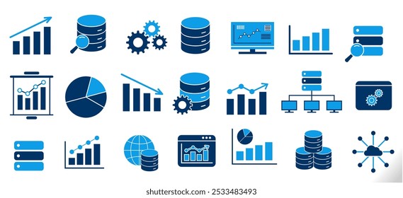 data analytics and big data icon set eps. vector analysis symbol reflecting statistics, analytics, data base, server, data center, research, growth, maintain etc concept