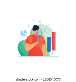 Data analytics with the big magnifying glass with big discount illustration Premium Vector. 