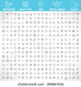 data analytics, big data, network, social media, search engine optimization, cloud computing and internet marketing icons set, thin line design