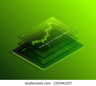 Data analytics business concept banner. 3D Digital infographic banner. Abstract financial background technology business diagram. Flat isometric Stock market investment vector concept. Finance phone