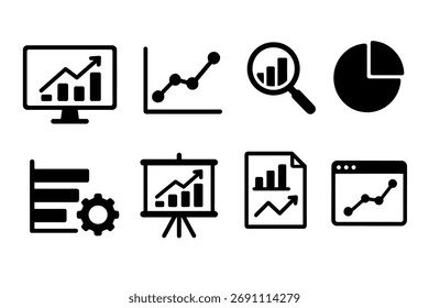 Conjunto de iconos de análisis de datos e inteligencia empresarial. Vector de gráficos e informes en negro