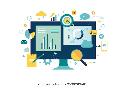 Data analytics business marketing metrics target company growth research data analytics. big monitor people team working project icons graphs magnifying glass notebook book arrows vector illustration