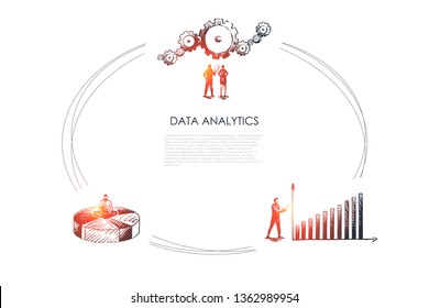 Data analytics - business people looking at data schedule and gear and sitting od diagram vector concept set. Hand drawn sketch isolated illustration