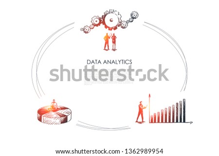 Data analytics - business people looking at data schedule and gear and sitting od diagram vector concept set. Hand drawn sketch isolated illustration
