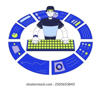 Data Analytics Geschäftsberichte 2D-Illustration Konzept. Computeranalytiker, der ein Zeichentrickzeichen auf der Tastatur einzeln auf weiß eingibt. Kennzahlen Metapher abstrakte flache Vektorgrafik