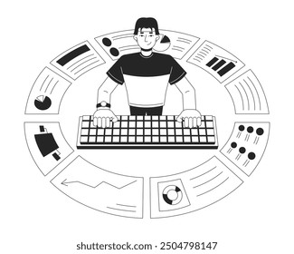 Data analytics business reports black and white 2D illustration concept. Computer analyst typing keyboard outline character isolated. Key performance indicators metaphor monochrome vector art