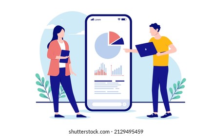 Análisis de datos - Personas de negocios que leen gráficos y gráficos en pantalla telefónica. Ilustración vectorial de diseño plano con fondo blanco