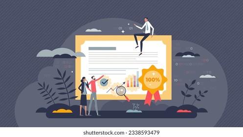 Data analytics certificate with statistic expert approval tiny person concept. Graduation after database research learning vector illustration. Approval diploma for business market strategy skills.