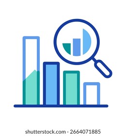 Gráfico de análise de dados com ícone de contorno de lupa em plano de fundo branco