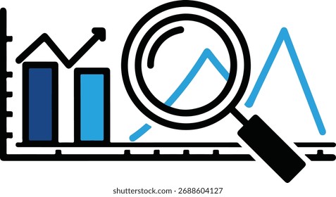 Data Analytics Chart with Magnifying Glass Vector Illustration, Business Growth and Market Analysis Concept