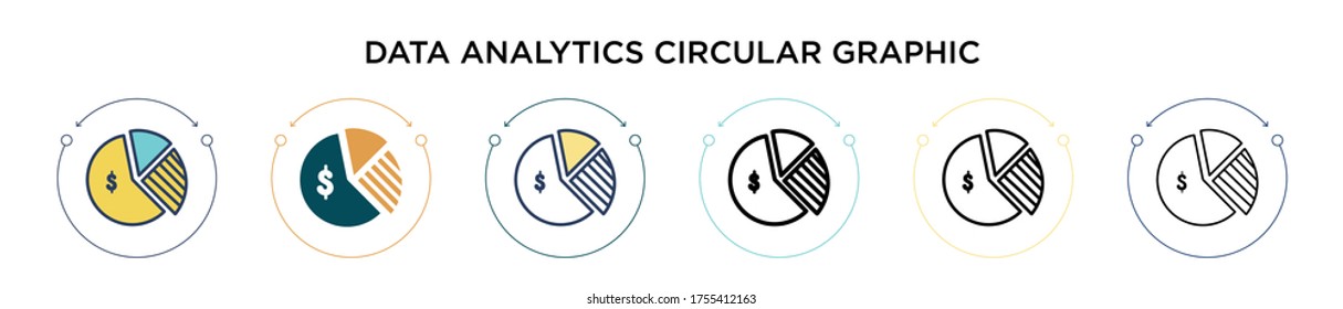 Data analytics circular graphic icon in filled, thin line, outline and stroke style. Vector illustration of two colored and black data analytics circular graphic vector icons designs can be used for 