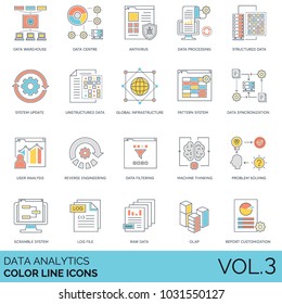 Data analytics color line icons. Warehouse, centre, processing, structured, system update, unstructured, infrastructure, pattern, sync, analysis, reverse engineering, filter, machine thinking, olap ..