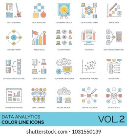 Data analytics color line icons. Cleaning, modeling, science, prediction, network, goal, IT, statistics, transformation, architecture, regression analysis, algorithm, dashboard, backup, API, learning.