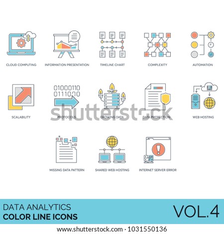Data analytics color line icons. Cloud computing, information presentation, timeline chart, complexity, automation, scalability, protocol, growth, protection, web hosting, pattern, server error 404.