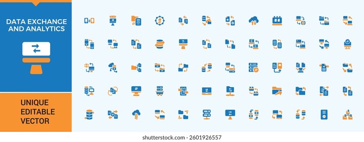 Data Analytics colorful related icon. Featuring statistic, cloud data, exchange, database, chart, information, analysis and more. Solid icons with editable stroke. Data related icon.