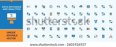 Data Analytics colorful related icon. Featuring statistic, cloud data, exchange, database, chart, information, analysis and more. Solid icons with editable stroke. Data related icon.