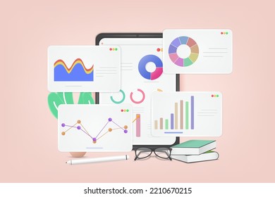 Data analytics concept 3d style. Dashboard SEO on screen tablet. Data analysis, financial report, business finance report. 3D Vector Illustration.