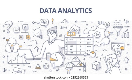 Data analytics concept. The analyst use statistics, graphs and table sheets to clean and manipulate data. Doodle vector illustration