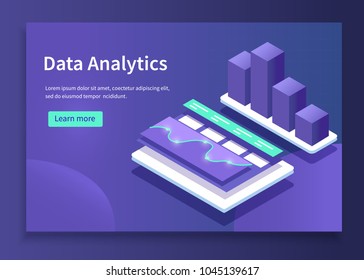 Pancarta de concepto de análisis de datos. Se puede usar para banner web, infografías, imágenes de héroes. Iluminación vectorial isométrica plana con gradientes de moda.