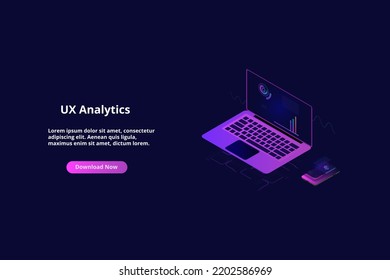 Data analytics concept banner. Can use for web banner, infographics, online statistics. Flat isometric illustrations with trendy gradients.