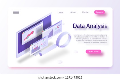 Data analytics concept banner. Modern flat design isometric concept of Data Analysis for website and mobile website. Landing page template. Report on the computer, program of statistics and analytics