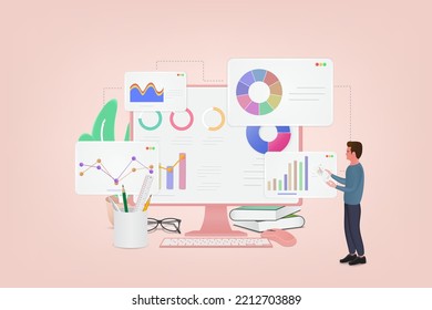 Data analytics concept. Charater analyzing statistical or financial information. Web site template. Data analytics, dashboard and business finance report. Big data or stock market analysis.