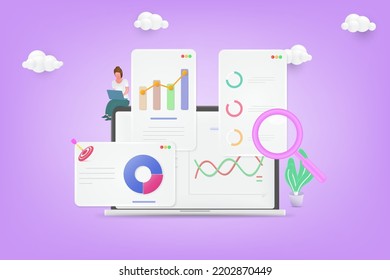 Data analytics concept. Dashboard SEO on screen laptop. Business finance report. 3D Vector Illustrations.