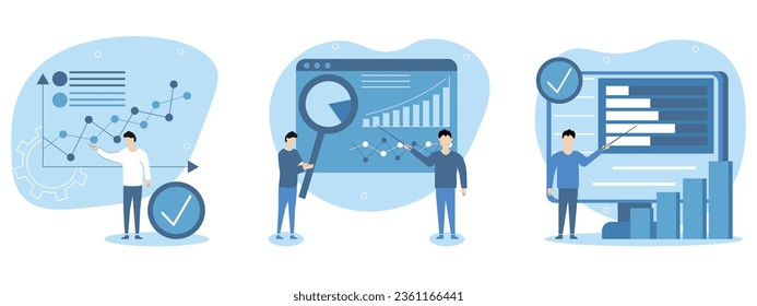 Data analytics concept. Financial management illustration set. Characters analyze candlestick and pie charts, various types of graphs.Vector illustration.
