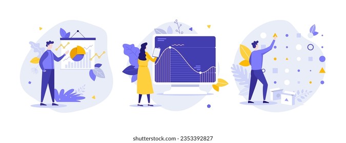 Data analytics concept flat vector illustrations set. Information studying and demonstration. Dataset organization cartoon composition for web design. Creative idea for website, mobile, presentation