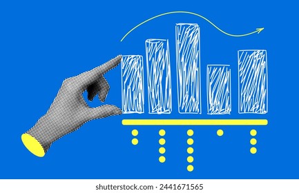 Concepto de análisis de datos. Gráfico de ventas de comprobación manual de semitonos. Diseño de collage moderno. Pop art. Gráfico de ventas en caída. Eficiencia empresarial. Éxito financiero. Gráfico de datos empresariales.