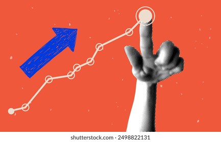 Data analytics concept. Halftone hand draws sales graph. Modern collage design. Pop art. Growth сhart. Successful business performance. Financial success. Business data graph. Achieving high results