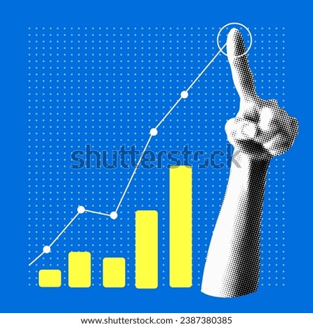 Data analytics concept. Halftone hand draws sales graph. Modern collage design. Pop art. Growth сhart. Successful business performance. Financial success. Business data graph. Achieving high results