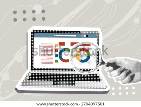 Data analytics concept. Halftone hand draws sales graph. Modern collage design. Pop art. Growth chart. Successful business performance. Business data graph on screen laptop. Achieving high results	