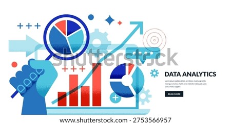 Data analytics concept. Human hand with magnifying glass, pie chart, green arrow graph. Business analysis, statistics, financial growth and performance monitoring. Vector illustration