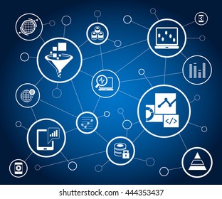 data analytics concept, information management in blue background