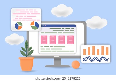 Data analytics concept. SEO screen PC. Computer monitor with statistics in form of graphs and diagrams. Investment and business development. Realistic vector illustration isolated on blue background