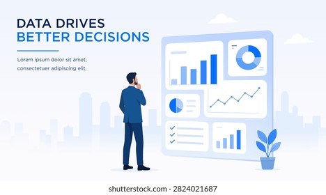 Data analytics concept showing businessman reviewing dashboard with charts, graphs and reports, representing performance analysis, KPI monitoring, business intelligence and better decision making