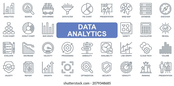 Análisis de datos concepto de línea simple conjunto de iconos. Conjunto de búsqueda, filtro de minería de datos, gráfico circular, presentación, base de datos, calculadora y otros. Símbolos de esquema de paquete vectorial para diseño de sitio web o aplicación móvil