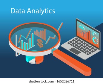 Data analytics concept vector. Isometric statistics charts and computer.