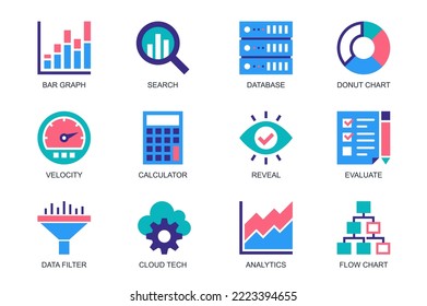 Data Analytics concept of web icons set in simple flat design. Pack of bar graph, search, database, donut chart, velocity, calculator, reveal, evaluate, cloud tech. Vector pictograms for mobile app