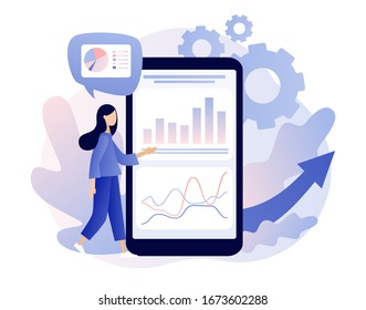 Data analytics consept. Business analysis. Tiny girl are studying the infographic on mobile app. Modern flat cartoon style. Vector illustration on white background