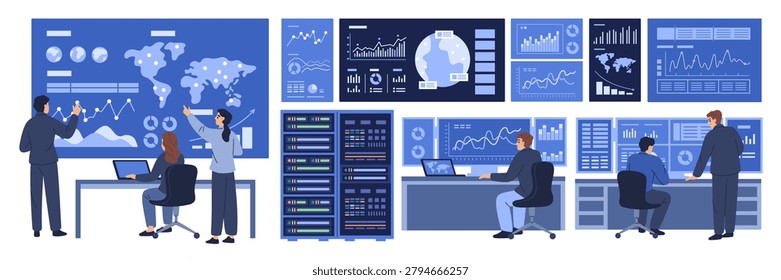 Data analytics control center. Business intelligence dashboards, monitoring screens, server racks and team collaboration, performance metrics system operations garish vector cartoon flat isolated set